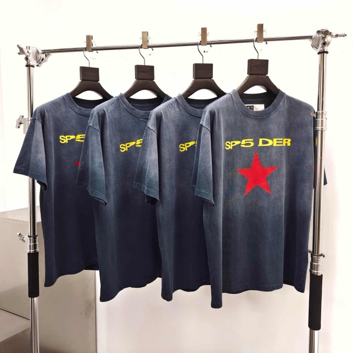 Sp5der [Big & Tall for weights up to 220 lbs]1:1 quality version Yellow Letter Big Red Star Print Washed Spray‑Dyed Tee 29409161