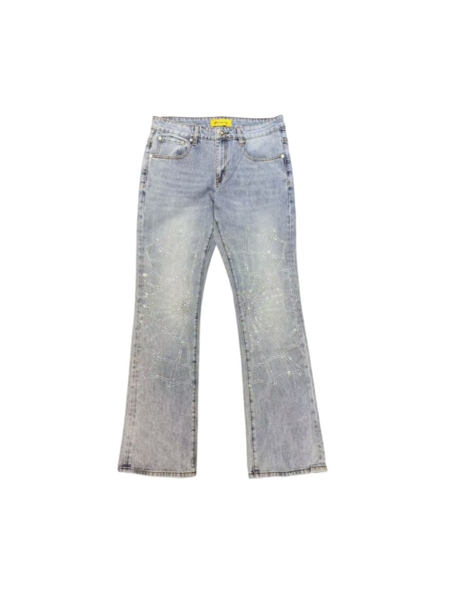 Guapi 1:1 quality version Light Washed Rhinestone Spiderweb Pattern Flare Fit Jeans 29409491