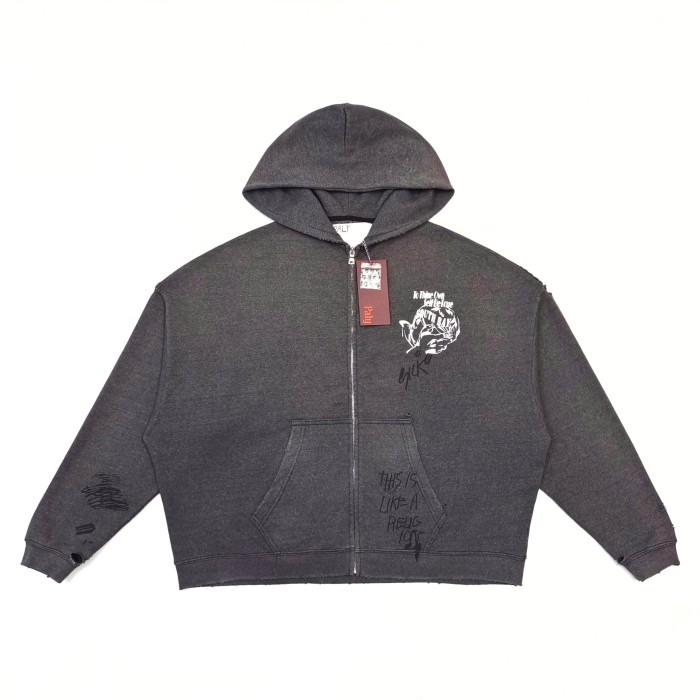 Paly Hollywood [Big & Tall for weights up to 220 lbs]1:1 quality version Reaper‑Graffiti‑Print Hand‑Slogan Washed Raw‑Edge Cropped Zip‑Up Hoodie 29409226