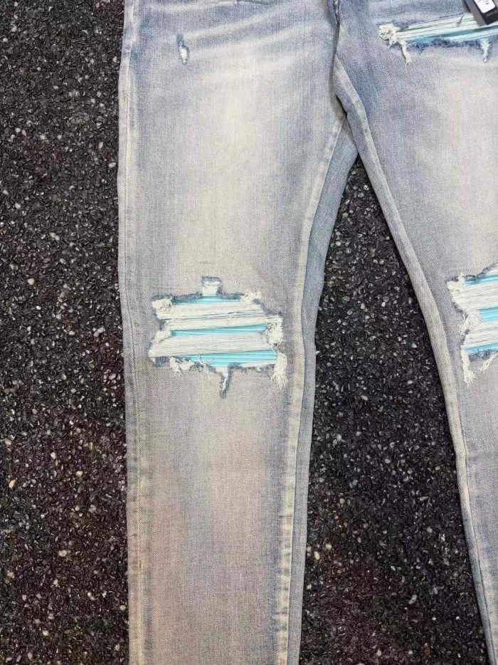 Amiri 1:1 quality version Washed Large Ripped Blue White Stripe Patch Fabric Slim Skinny Fit Jeans 29409486