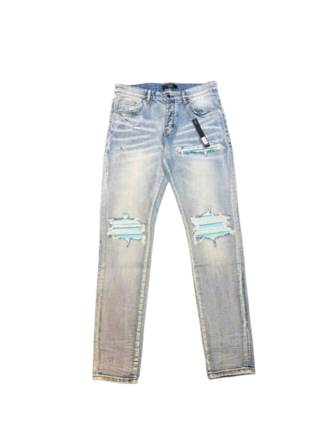 Amiri 1:1 quality version Washed Large Ripped Blue White Stripe Patch Fabric Slim Skinny Fit Jeans 29409486