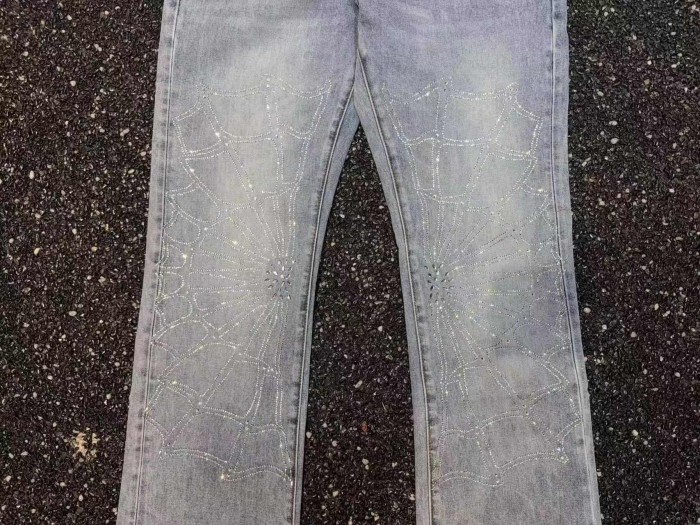 Guapi 1:1 quality version Light Washed Rhinestone Spiderweb Pattern Flare Fit Jeans 29409491