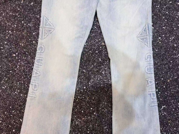 Guapi 1:1 quality version Light Washed Embossed Cross Badge Letter Subtle Print Flared Denim Jeans 29409506