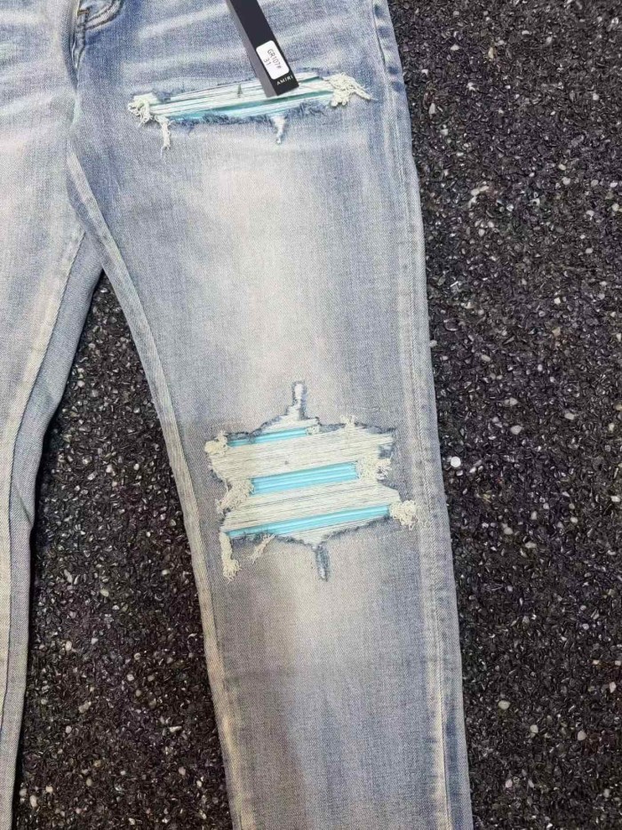 Amiri 1:1 quality version Washed Large Ripped Blue White Stripe Patch Fabric Slim Skinny Fit Jeans 29409486