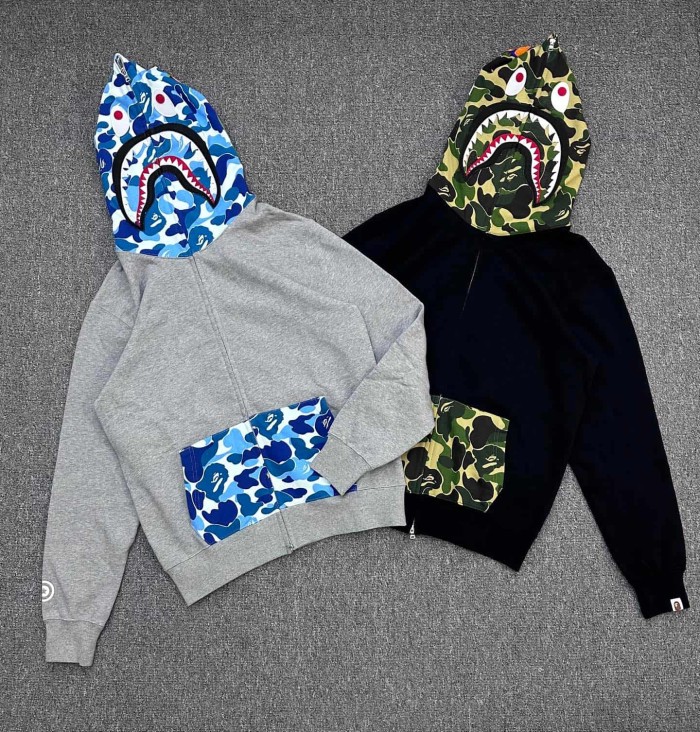 A Bathing Ape Bape 1:1 quality version Camouflage Shark Head Splicing Full Zip Couple Hoodie 2 colors 29426439