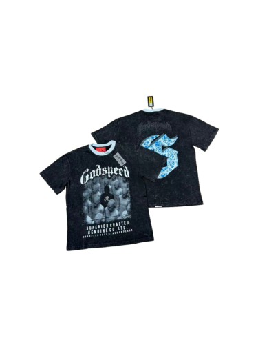 Godspeed Front Figure Gothic Font Slogan Print Back Cracked Blue Big G Letter Graphic Washed T-Shirt 29443146