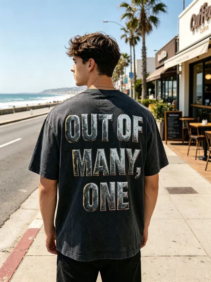 Godspeed Three Skull Cross Metal Texture Print Retro Metallic 3D Slogan Washed T-Shirt 2 colors 29443161