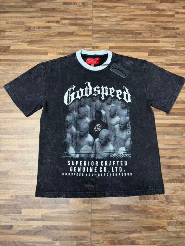 Godspeed Front Figure Gothic Font Slogan Print Back Cracked Blue Big G Letter Graphic Washed T-Shirt 29443146