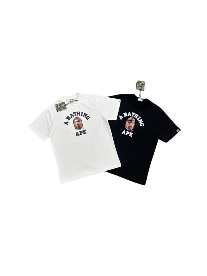 A Bathing Ape Bape 1:1 quality version Red Yellow Plaid Ape Head Arc Letter Print Basic Tee 2 colors 29443171