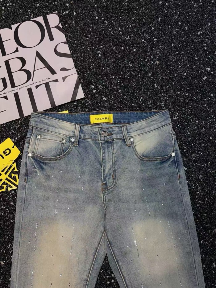 Guapi 1:1 quality version Vertical Stripe Scattered Rhinestone Washed Vintage Flare Jeans 29443372