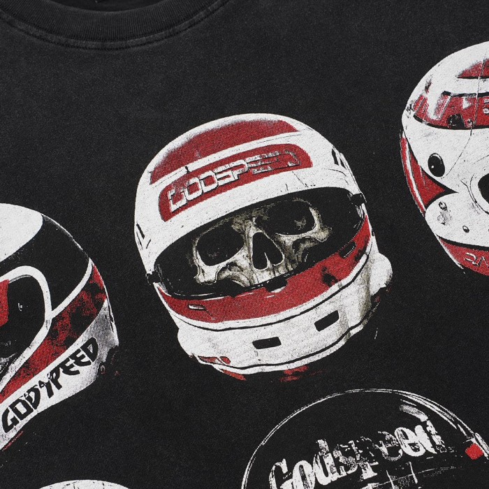 Godspeed Front Multiple Skull Helmet Print Back Helmet Large Vintage Slogan Washed T-Shirt 2 colors 29443186