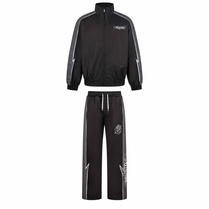 Godspeed Double Side Color Block Strip Lightning Embroidery Zipper Coated Jacket & Pants Set 7 colors 29443305