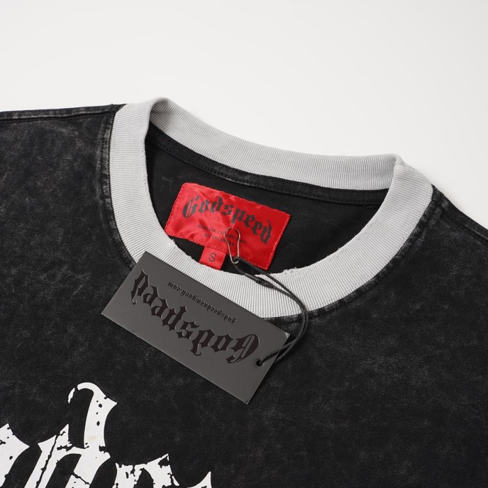 Godspeed Front Figure Gothic Font Slogan Print Back Cracked Blue Big G Letter Graphic Washed T-Shirt 29443146