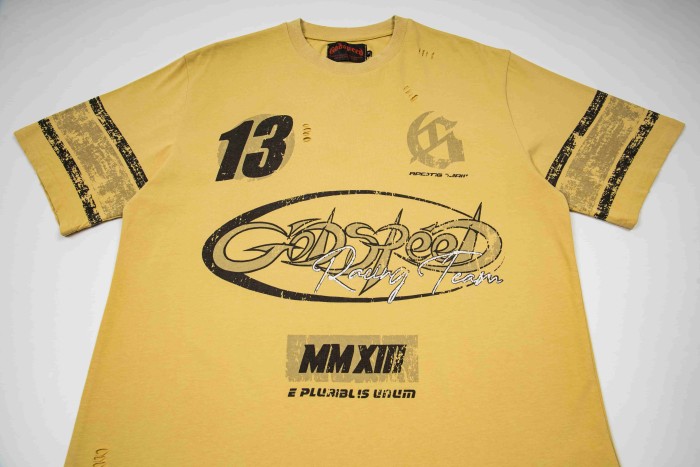 Godspeed Multi Racing Badge Number 13 Distressed Print Cuff Spliced Stripe T-Shirt 3 colors 29443268