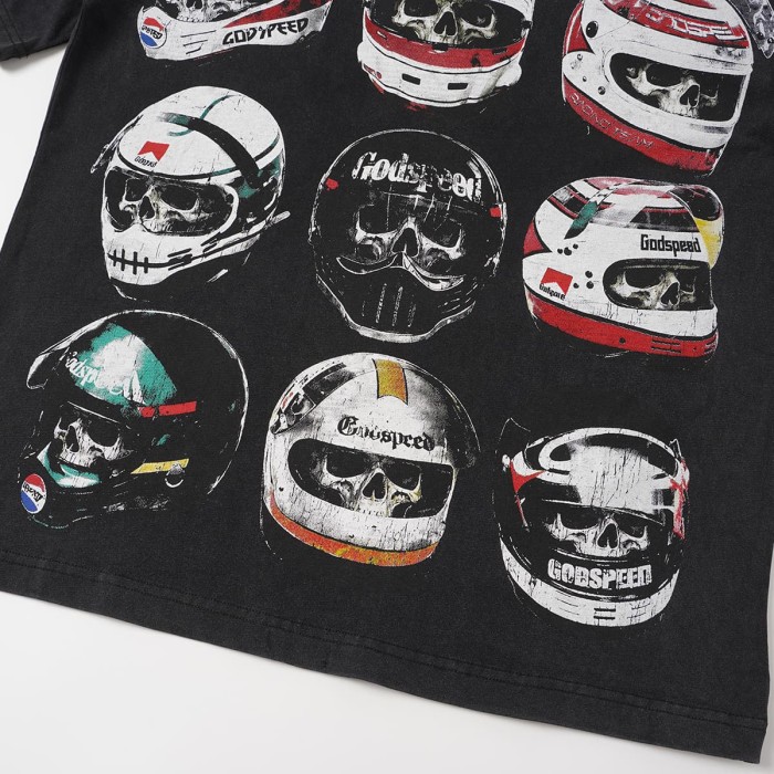 Godspeed Front Multiple Skull Helmet Print Back Helmet Large Vintage Slogan Washed T-Shirt 2 colors 29443186