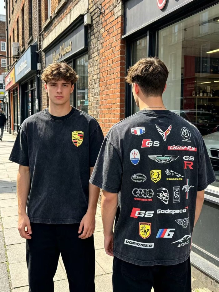 Godspeed Front Small Shield Car Badge Print Back Multiple Racing Mark Collage Washed T-Shirt 2 colors 29443179