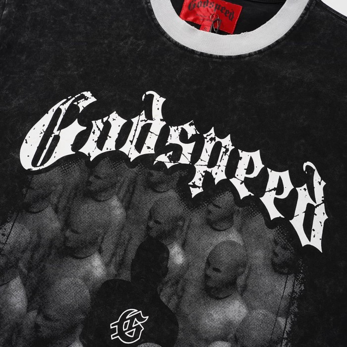 Godspeed Front Figure Gothic Font Slogan Print Back Cracked Blue Big G Letter Graphic Washed T-Shirt 29443146