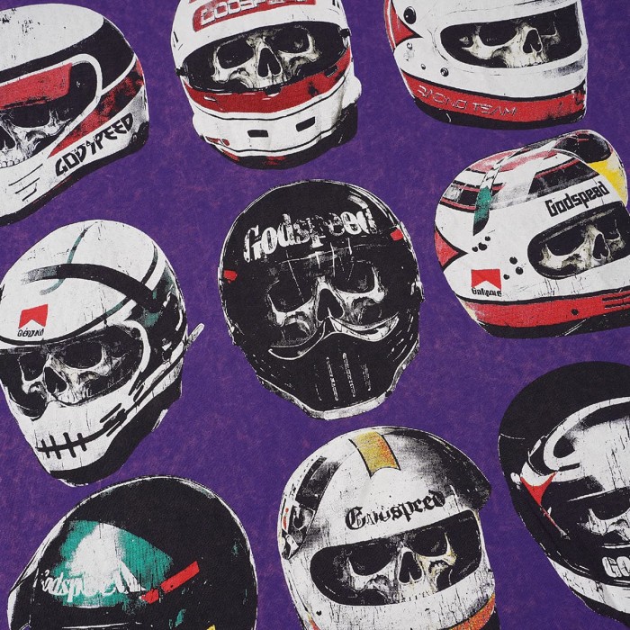 Godspeed Front Multiple Skull Helmet Print Back Helmet Large Vintage Slogan Washed T-Shirt 2 colors 29443186