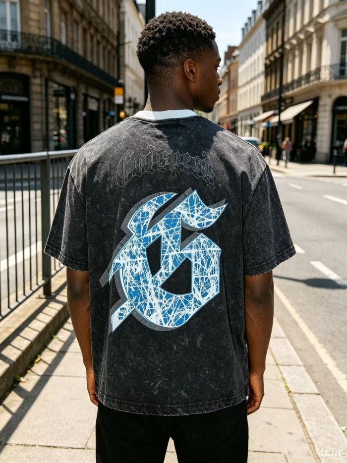 Godspeed Front Figure Gothic Font Slogan Print Back Cracked Blue Big G Letter Graphic Washed T-Shirt 29443146