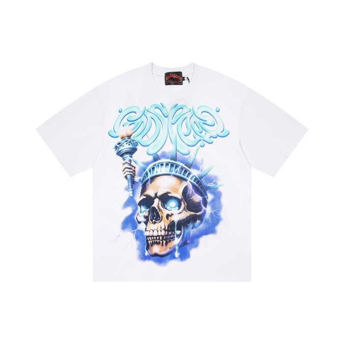 Godspeed Statue Of Liberty Skull Torch Gothic Font Print Back City Building Storm T-Shirt 2 colors 29443239