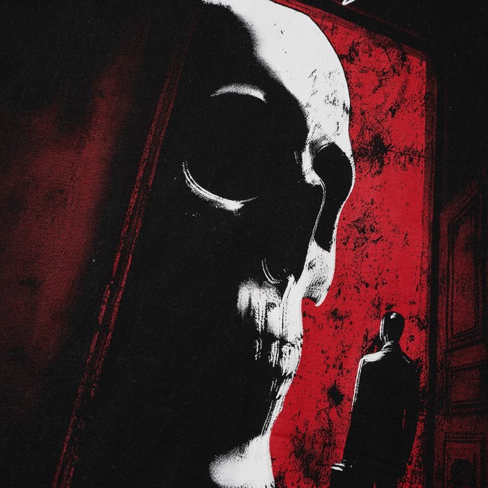 Godspeed Red Black Gothic Font Skull Figure Print Washed Oversized T-Shirt 29443152