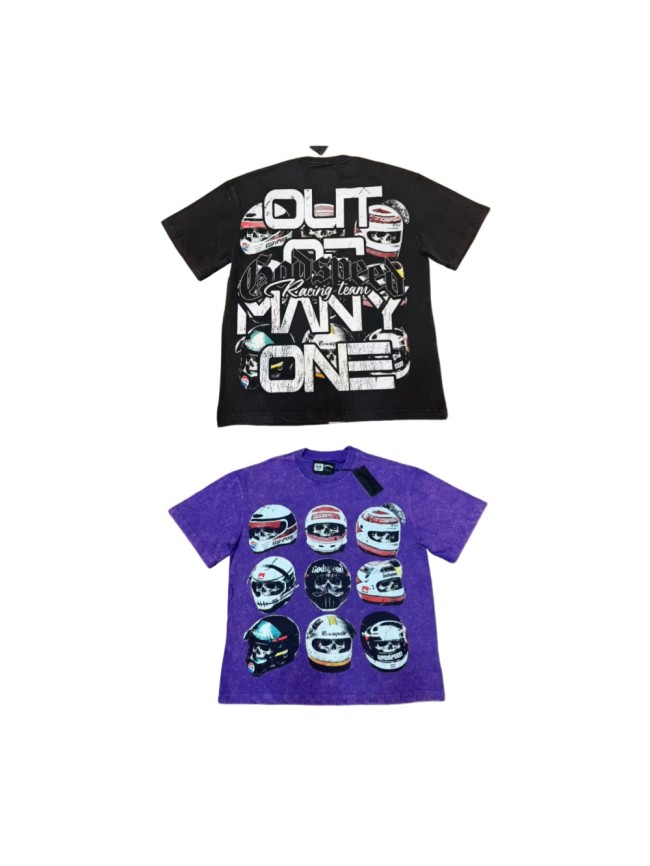 Godspeed Front Multiple Skull Helmet Print Back Helmet Large Vintage Slogan Washed T-Shirt 2 colors 29443186