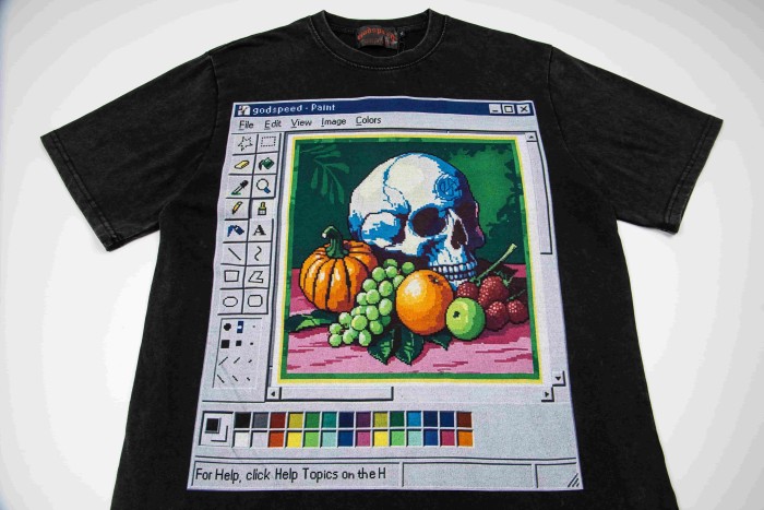 Godspeed Front Retro Paint Window Skull Fruit Pixel Print Washed T-Shirt 2 colors 29443196