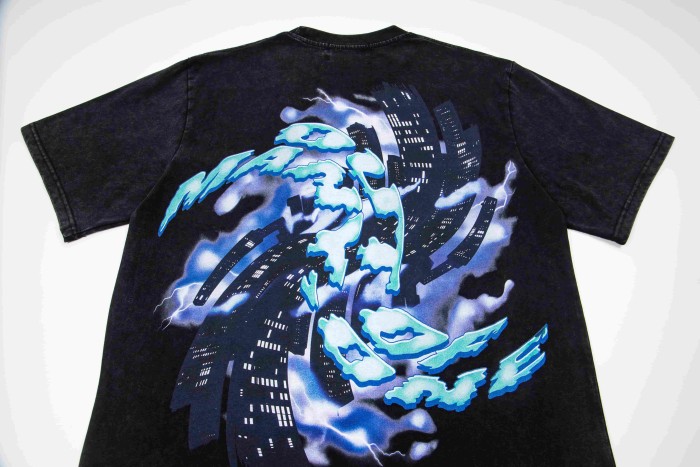 Godspeed Statue Of Liberty Skull Torch Gothic Font Print Back City Building Storm T-Shirt 2 colors 29443239