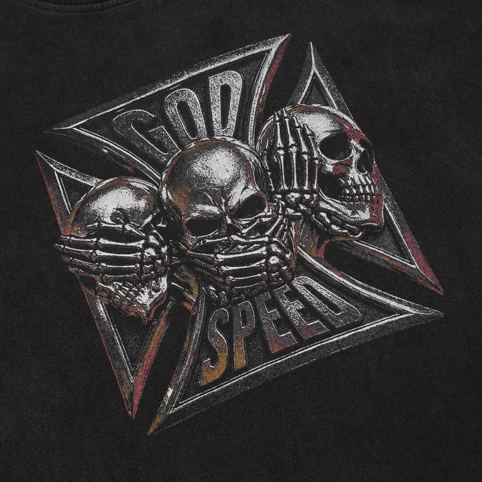 Godspeed Three Skull Cross Metal Texture Print Retro Metallic 3D Slogan Washed T-Shirt 2 colors 29443161