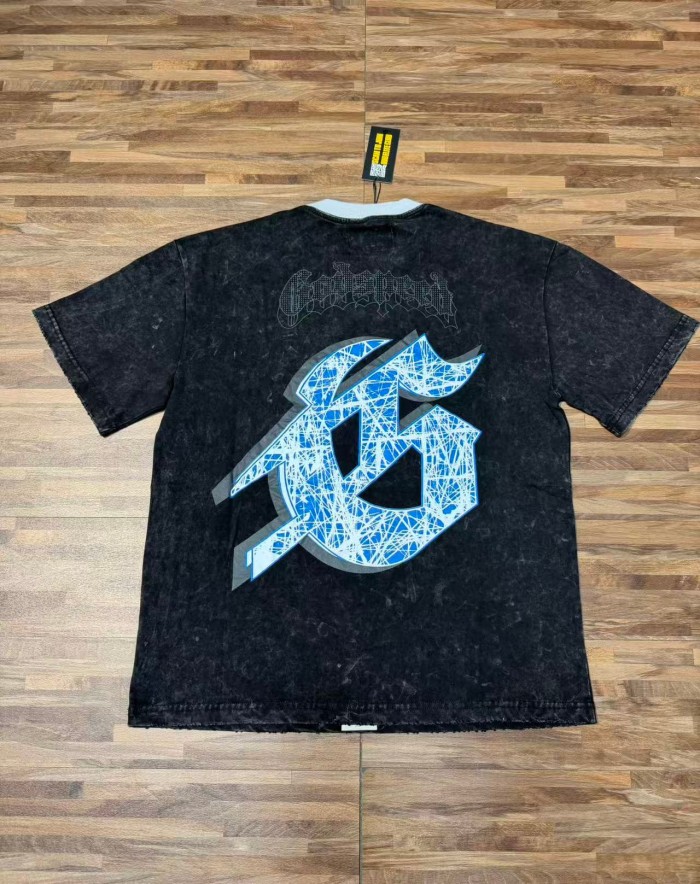 Godspeed Front Figure Gothic Font Slogan Print Back Cracked Blue Big G Letter Graphic Washed T-Shirt 29443146