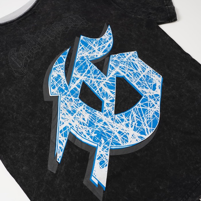 Godspeed Front Figure Gothic Font Slogan Print Back Cracked Blue Big G Letter Graphic Washed T-Shirt 29443146