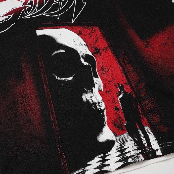 Godspeed Red Black Gothic Font Skull Figure Print Washed Oversized T-Shirt 29443152