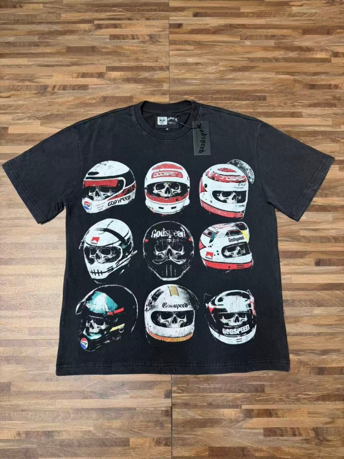 Godspeed Front Multiple Skull Helmet Print Back Helmet Large Vintage Slogan Washed T-Shirt 2 colors 29443186
