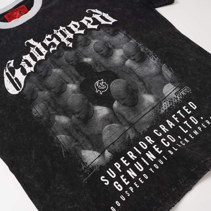 Godspeed Front Figure Gothic Font Slogan Print Back Cracked Blue Big G Letter Graphic Washed T-Shirt 29443146