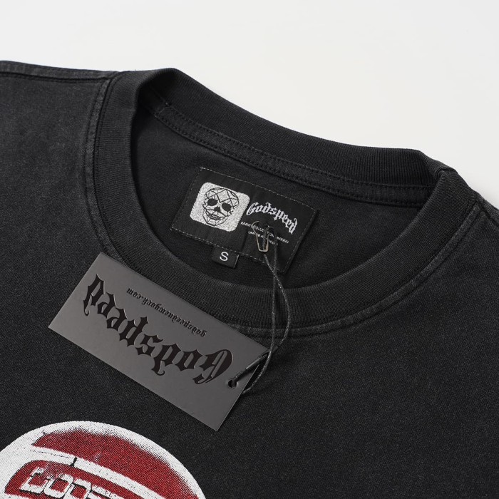 Godspeed Front Multiple Skull Helmet Print Back Helmet Large Vintage Slogan Washed T-Shirt 2 colors 29443186