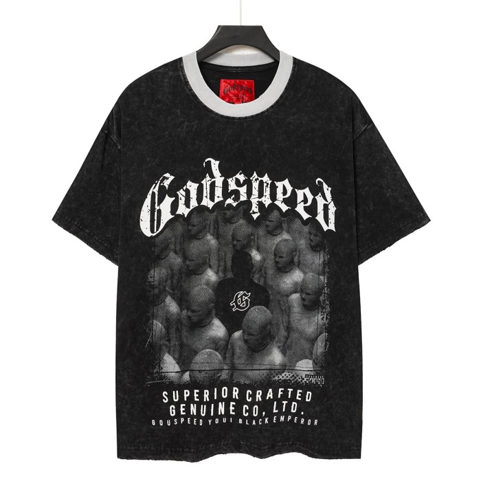 Godspeed Front Figure Gothic Font Slogan Print Back Cracked Blue Big G Letter Graphic Washed T-Shirt 29443146