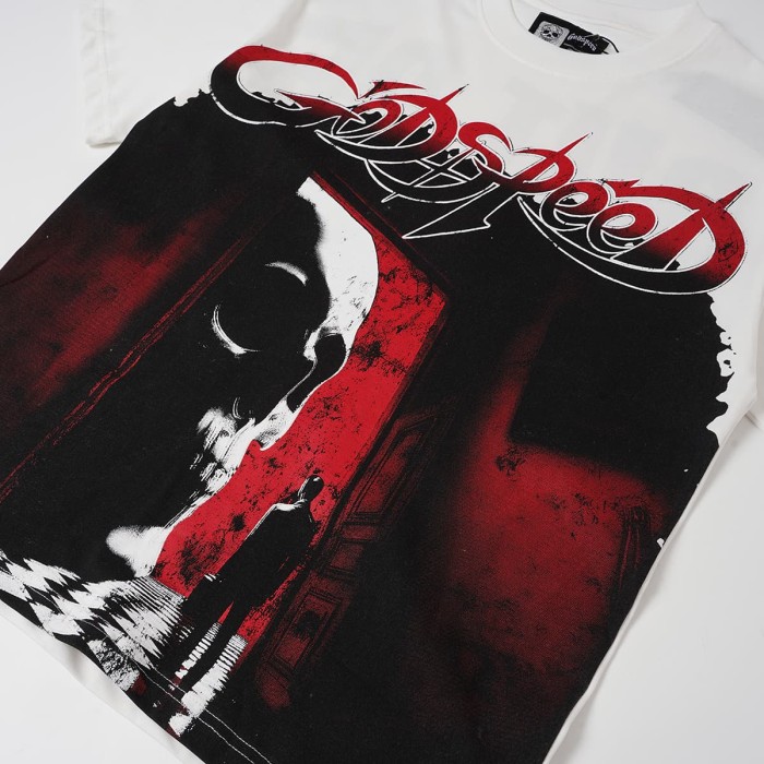 Godspeed Red Black Gothic Font Skull Figure Print Washed Oversized T-Shirt 29443152