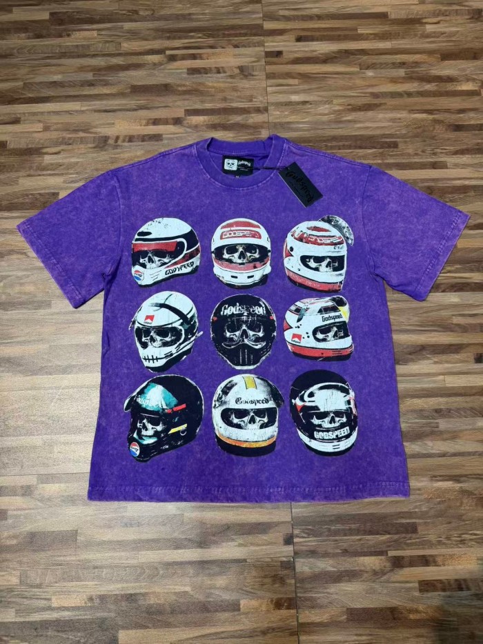 Godspeed Front Multiple Skull Helmet Print Back Helmet Large Vintage Slogan Washed T-Shirt 2 colors 29443186