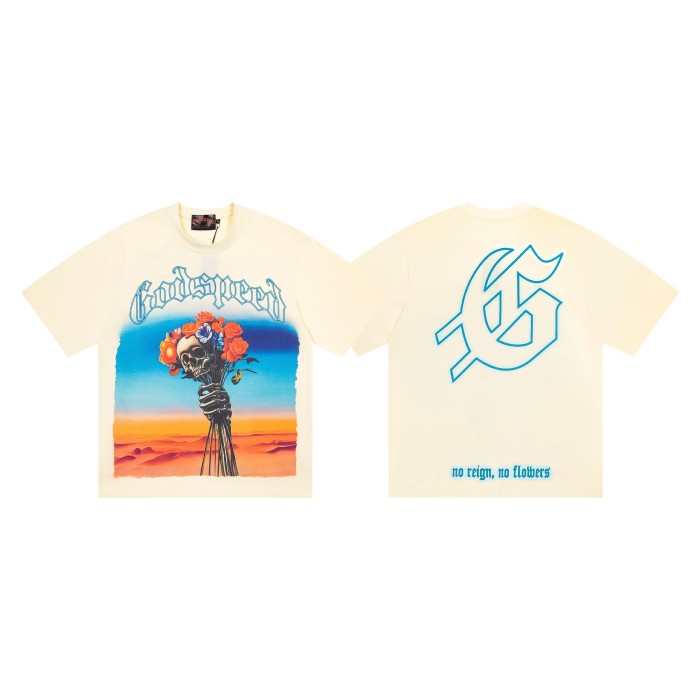 Godspeed Front Desert Skull Holding Bouquet Gothic Print Back G Letter Sentence T-Shirt 2 colors 29443200