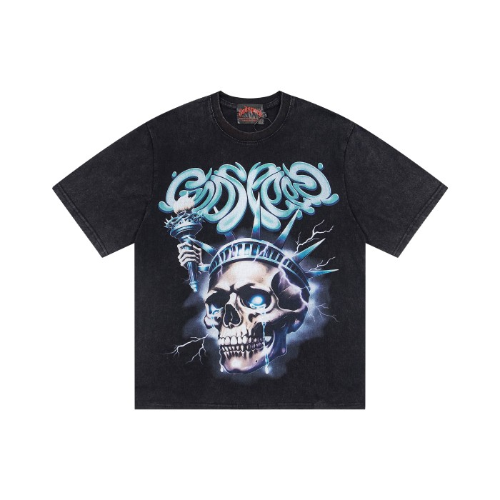 Godspeed Statue Of Liberty Skull Torch Gothic Font Print Back City Building Storm T-Shirt 2 colors 29443239