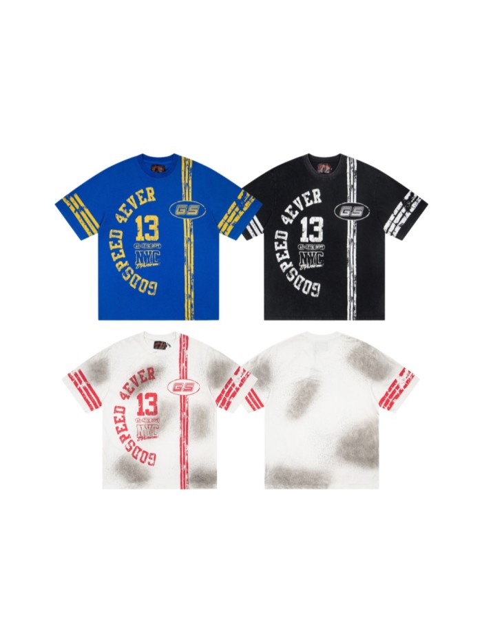 Godspeed Racing Number 13 Arc Letter Stripe Badge Print Spray Dyed Distressed T-Shirt 3 colors 29443252