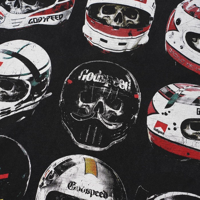 Godspeed Front Multiple Skull Helmet Print Back Helmet Large Vintage Slogan Washed T-Shirt 2 colors 29443186