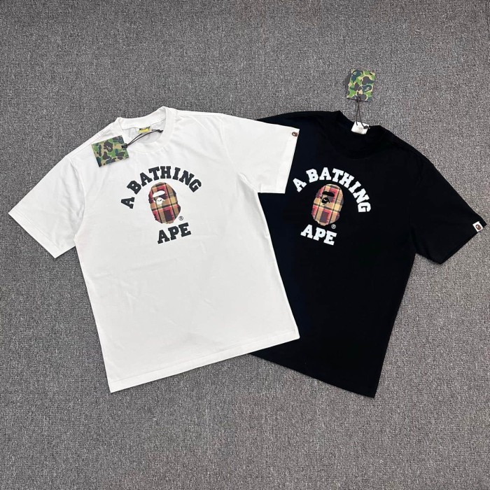 A Bathing Ape Bape 1:1 quality version Red Yellow Plaid Ape Head Arc Letter Print Basic Tee 2 colors 29443171