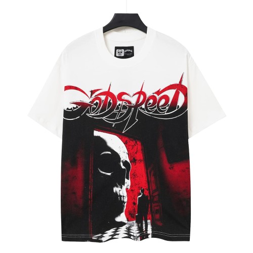 Godspeed Red Black Gothic Font Skull Figure Print Washed Oversized T-Shirt 29443152