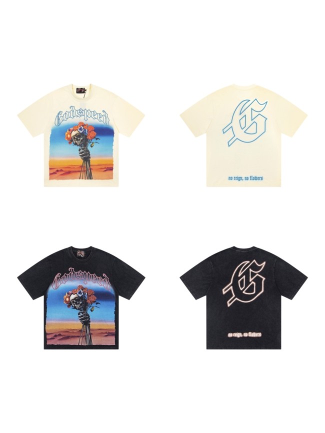 Godspeed Front Desert Skull Holding Bouquet Gothic Print Back G Letter Sentence T-Shirt 2 colors 29443200