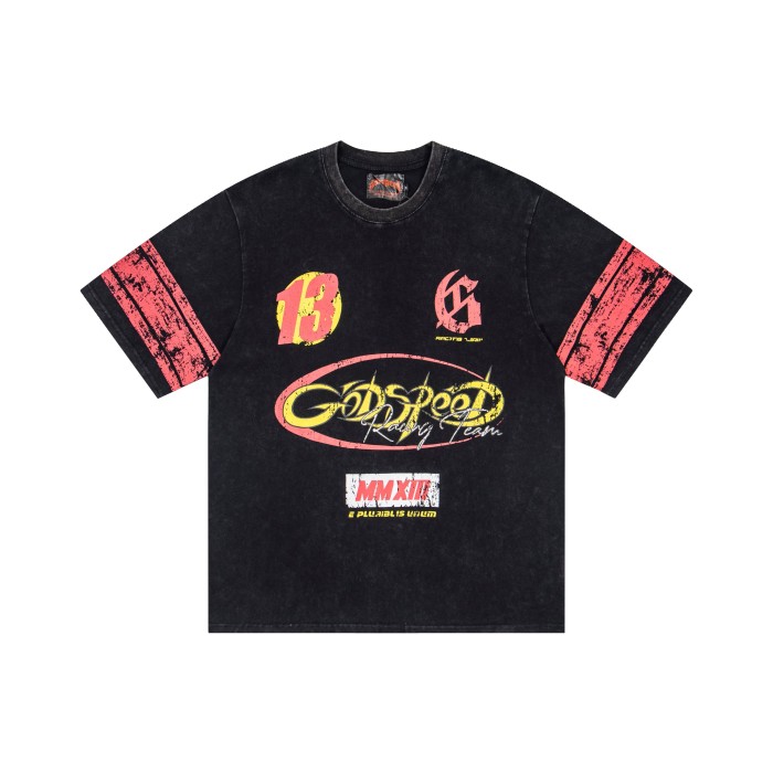 Godspeed Multi Racing Badge Number 13 Distressed Print Cuff Spliced Stripe T-Shirt 3 colors 29443268