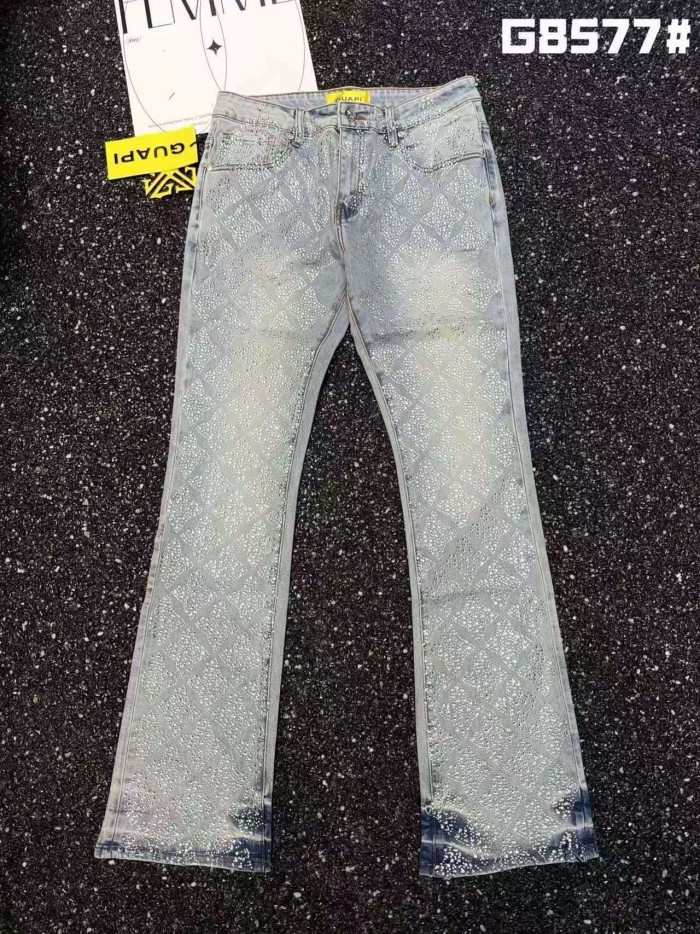 Guapi 1:1 quality version Diamond Grid Full Rhinestone Washed Vintage Flare Jeans 29443366
