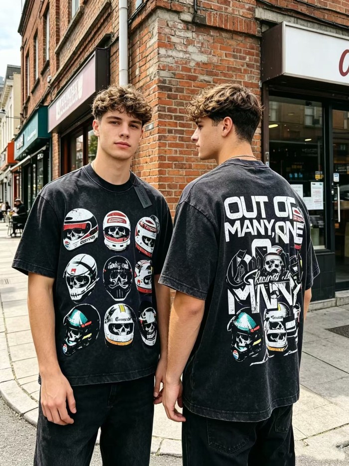 Godspeed Front Multiple Skull Helmet Print Back Helmet Large Vintage Slogan Washed T-Shirt 2 colors 29443186