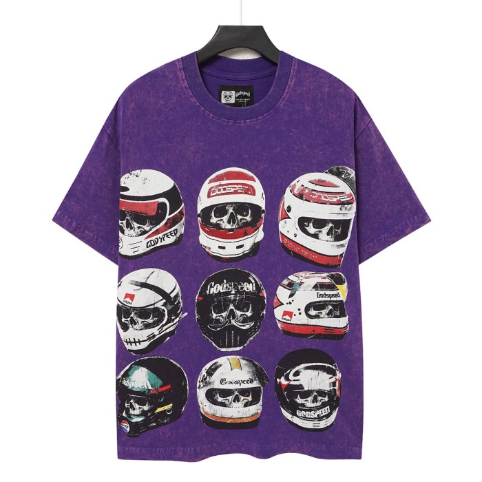 Godspeed Front Multiple Skull Helmet Print Back Helmet Large Vintage Slogan Washed T-Shirt 2 colors 29443186