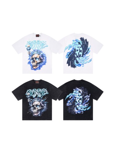 Godspeed Statue Of Liberty Skull Torch Gothic Font Print Back City Building Storm T-Shirt 2 colors 29443239